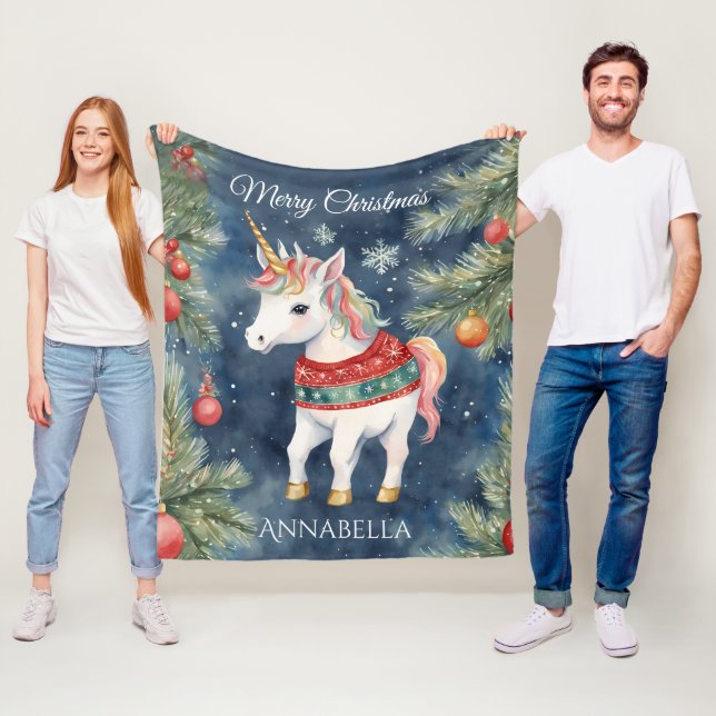 Colorful Unicorn Personalized Christmas  Fleece Blanket (In Situ)