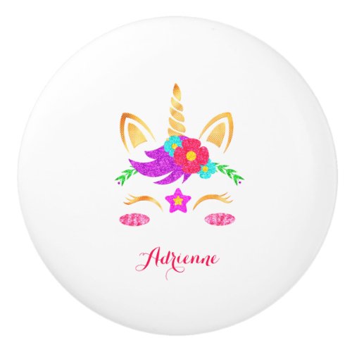 Colorful Unicorn Personalized Name White Ceramic Knob