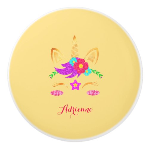 Colorful Unicorn Personalized Name Yellow Ceramic Knob