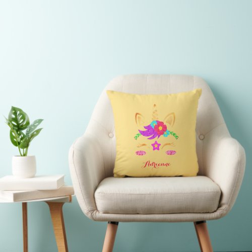 Colorful Unicorn Personalized Name Yellow Throw Pillow