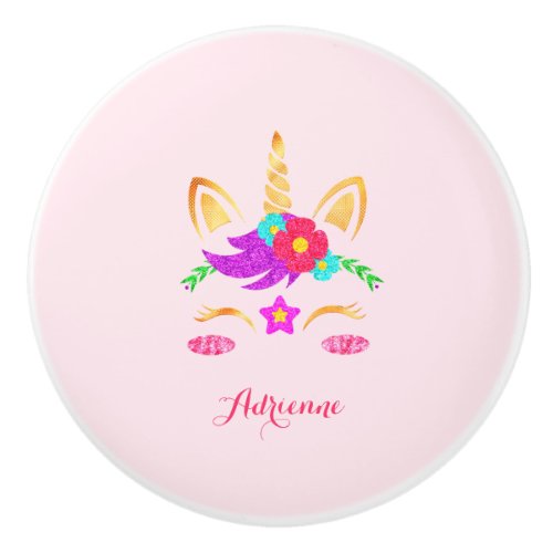 Colorful Unicorn Pretty Pink Personalized Name Ceramic Knob