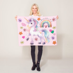 Colorful Unicorn Rainbow and Flowers Nursery Fleece Blanket