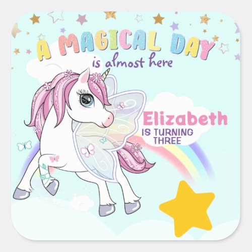 Colorful Unicorn Rainbow Cute Magical Pink Square Sticker