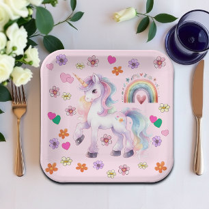 Colorful Unicorn Rainbow Flowers Birthday Party Paper Plates