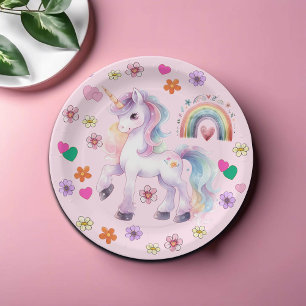 Colorful Unicorn Rainbow Flowers Birthday Party Paper Plates
