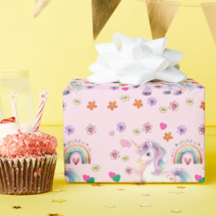Colorful Unicorn Rainbow Flowers Birthday Party Wrapping Paper