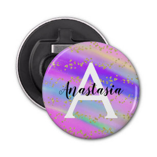 Colorful Unicorn Rainbow Gold Glitter Monogram Bottle Opener