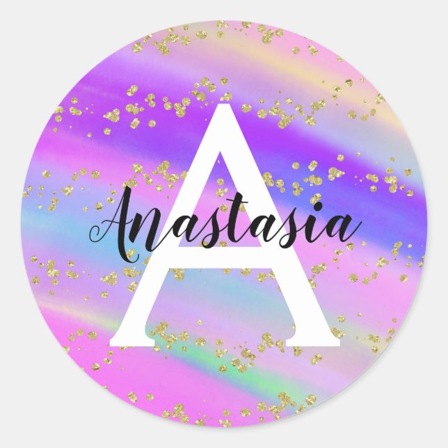 Colorful Unicorn Rainbow Gold Glitter Monogram Classic Round Sticker (Front)