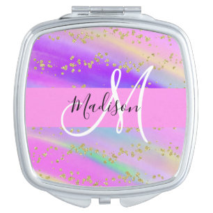 Colorful Unicorn Rainbow Gold Glitter Monogram Compact Mirror