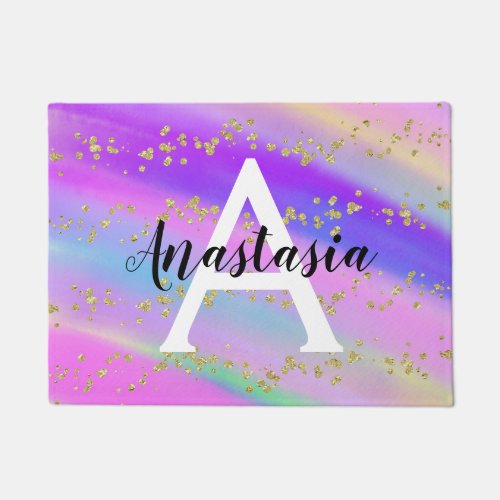 Colorful Unicorn Rainbow Gold Glitter Monogram Doormat