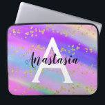 Colorful Unicorn Rainbow Gold Glitter Monogram Laptop Sleeve<br><div class="desc">Girly and glam computer sleeve with a colorful unicorn rainbow background,  and gold glitter sparkles confetti. Personalize with your custom name in black and your monogram initial in white. You can change the text color and font style and size using the customize option.</div>