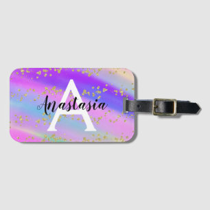 Colorful Unicorn Rainbow Gold Glitter Monogram Luggage Tag