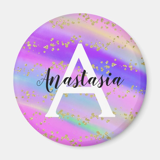 Colorful Unicorn Rainbow Gold Glitter Monogram Magnet (Front)