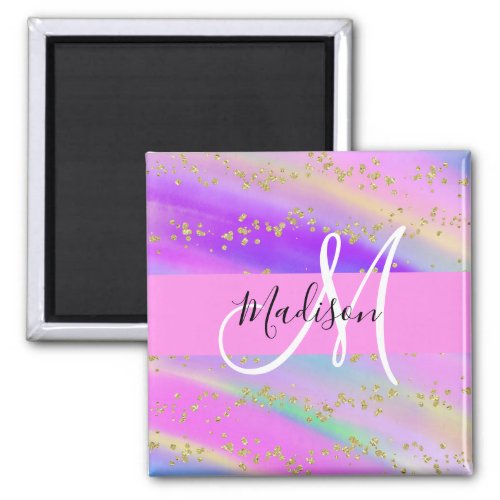 Colorful Unicorn Rainbow Gold Glitter Monogram Magnet