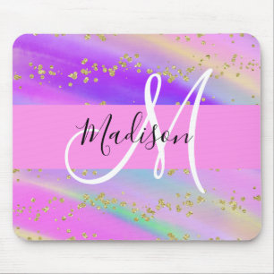 Colorful Unicorn Rainbow Gold Glitter Monogram Mouse Pad