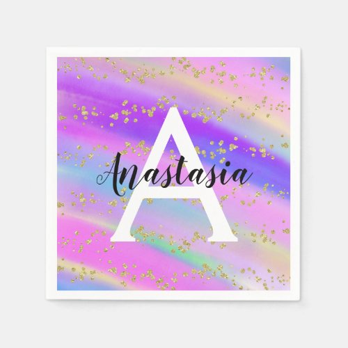 Colorful Unicorn Rainbow Gold Glitter Monogram Napkins