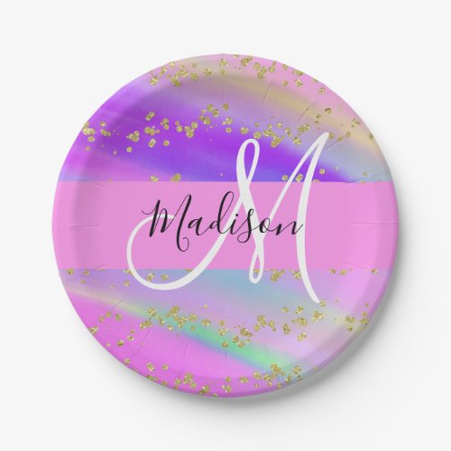 Colorful Unicorn Rainbow Gold Glitter Monogram Paper Plates