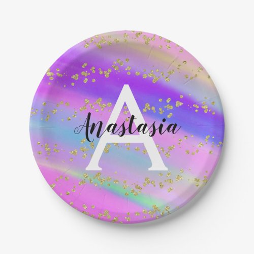 Colorful Unicorn Rainbow Gold Glitter Monogram Paper Plates