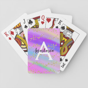 Colorful Unicorn Rainbow Gold Glitter Monogram Playing Cards