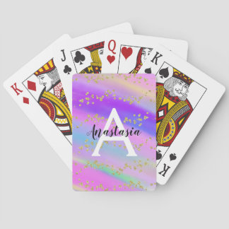 Colorful Unicorn Rainbow Gold Glitter Monogram Poker Cards