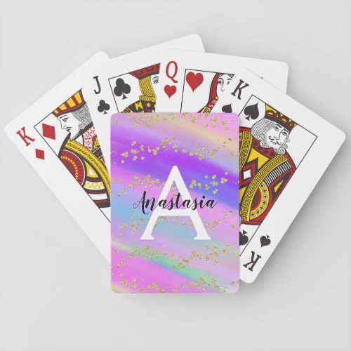 Colorful Unicorn Rainbow Gold Glitter Monogram Poker Cards