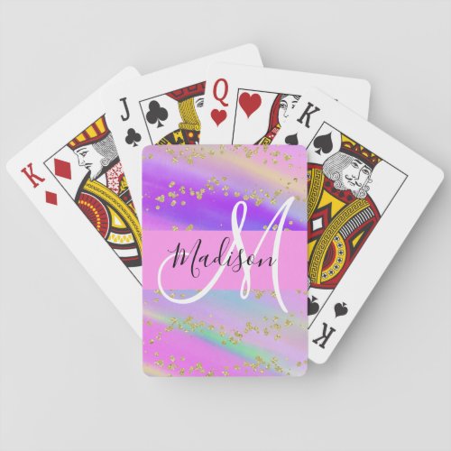 Colorful Unicorn Rainbow Gold Glitter Monogram Poker Cards