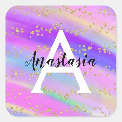 Colorful Unicorn Rainbow Gold Glitter Monogram Square Sticker