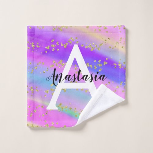 Colorful Unicorn Rainbow Gold Glitter Monogram Wash Cloth