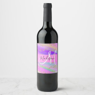 Colorful Unicorn Rainbow Gold Glitter Monogram Wine Label