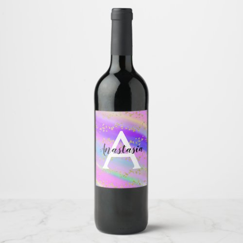 Colorful Unicorn Rainbow Gold Glitter Monogram Wine Label