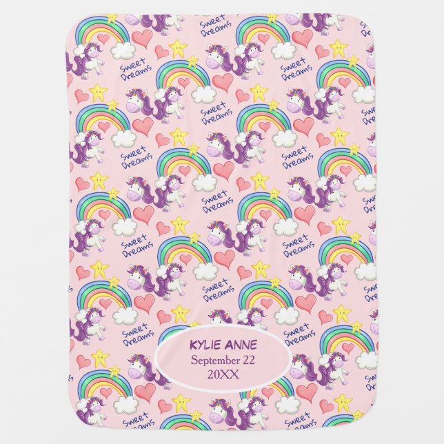 Colorful Unicorn Rainbow Hearts Baby Blanket (Front)