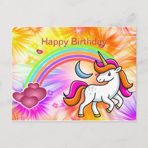 Colorful Unicorn Rainbow Hearts Birthday Postcard