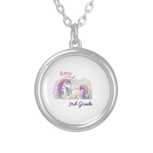 colorful unicorn third grade back to school name silver plated necklace