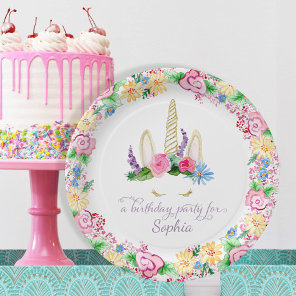 Colorful Unicorn Watercolor Pink Floral Birthday Paper Plates