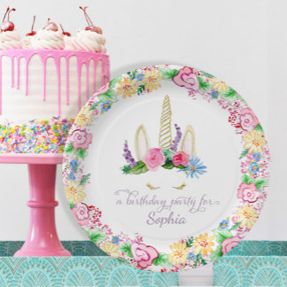 Colorful Unicorn Watercolor Pink Floral Birthday Paper Plates