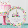 Colorful Unicorn Watercolor Pink Floral Birthday Paper Plates