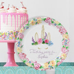 Colorful Unicorn Watercolor Pink Floral Birthday Paper Plates at Zazzle