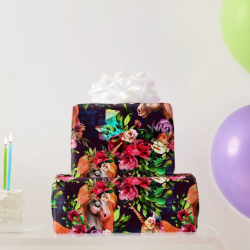 Colorful Unicorns and Florals Wrapping Paper