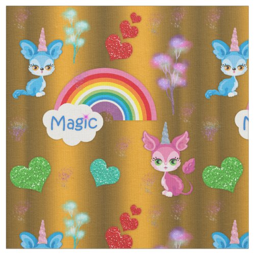 Colorful Unicorns and Hearts on Gold Fabric