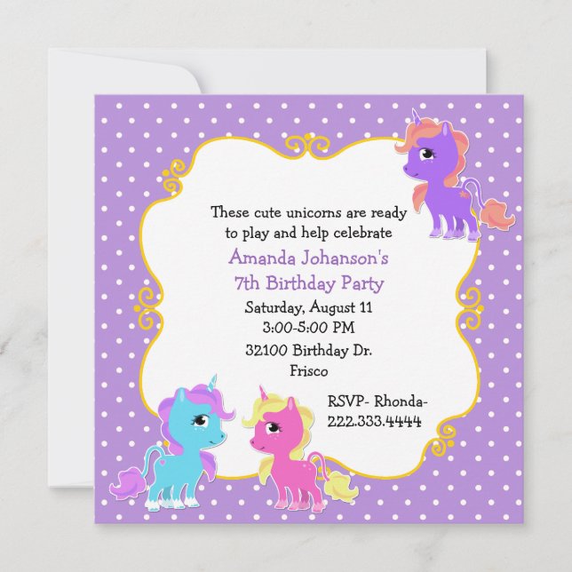 Colorful Unicorns Birthday Party Invitation (Front)
