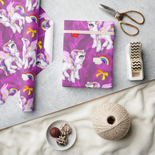 Colorful Unicorns on Purple Silk  Wrapping Paper