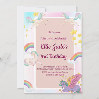 Colorful Unicorns Rainbow Pink Birthday Invitation