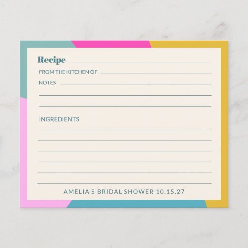 Colorful Unique Custom Bridal Shower Recipe Card
