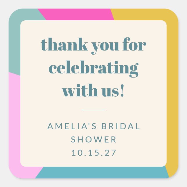 Colorful Unique Custom Bridal Shower Thank You Square Sticker (Front)