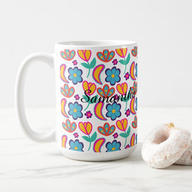 Colorful Unique  Flowers Coffee Mug (With Donut)