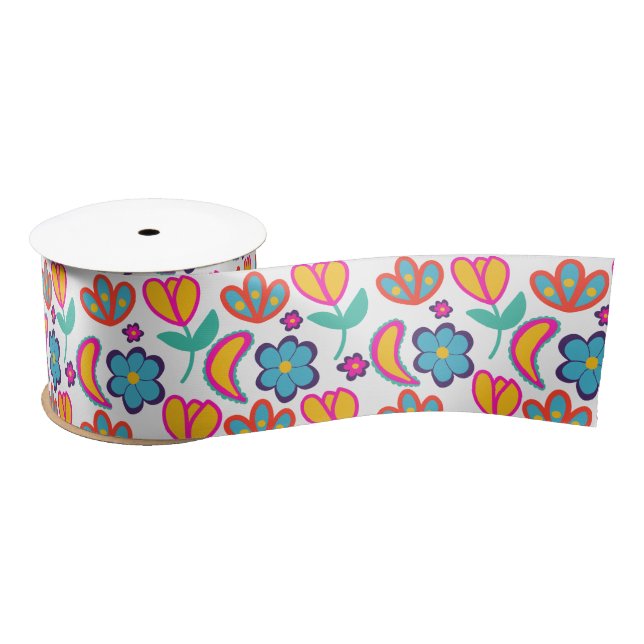 Colorful Unique  Flowers Satin Ribbon (Spool)