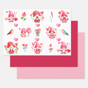 Colorful Valentine Gnomes Set of 3 Assorted Flat Wrapping Paper Sheets