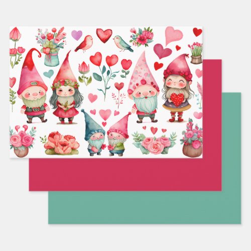 Colorful Valentine Gnomes Set of 3 Assorted Flat  Wrapping Paper Sheets