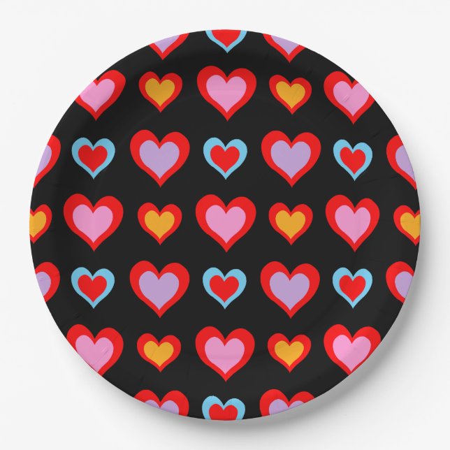 Colorful Valentine Hearts Pattern Paper Plates (Front)