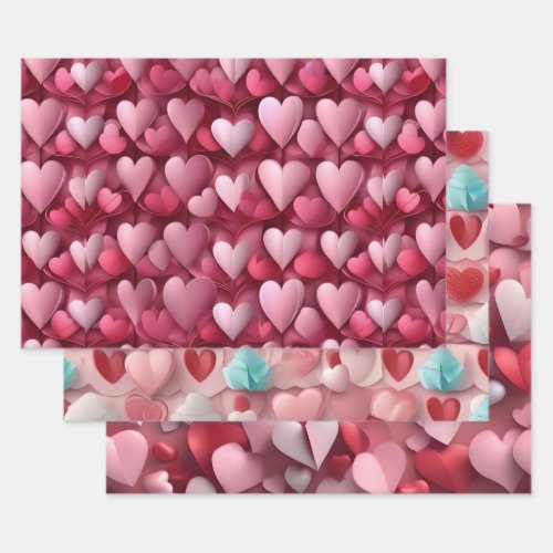 Colorful Valentines Day Hearts Patterns Set of 3  Wrapping Paper Sheets